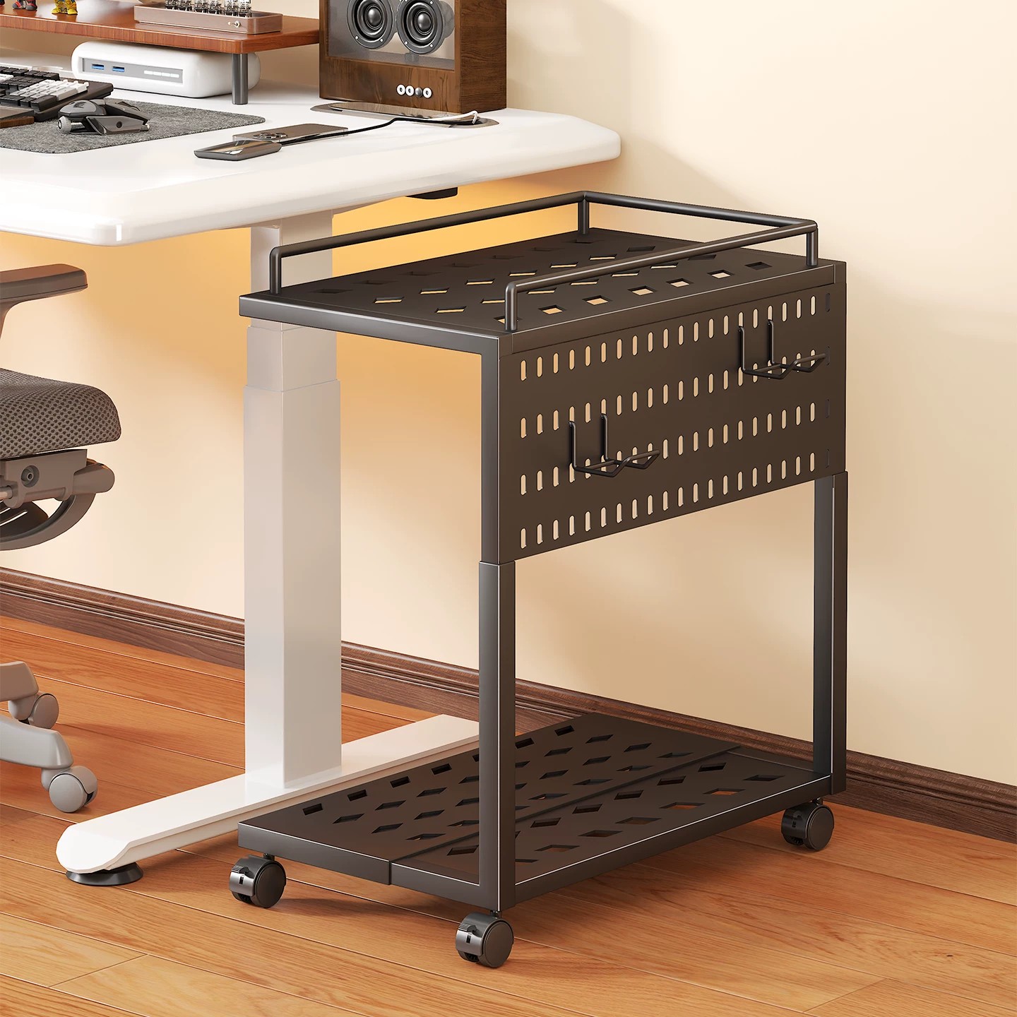 Office Furniture Brands - ขาตั้งเครื่องคอมพิวเตอร์ โต๊ะทำงานเคลื่อนที่ ฐานวางเคสคอมพิวเตอร์ใต้โต๊ะ สำหรับโฮมออฟฟิศ พร้อมชั้นวางของแบบมีล้อ