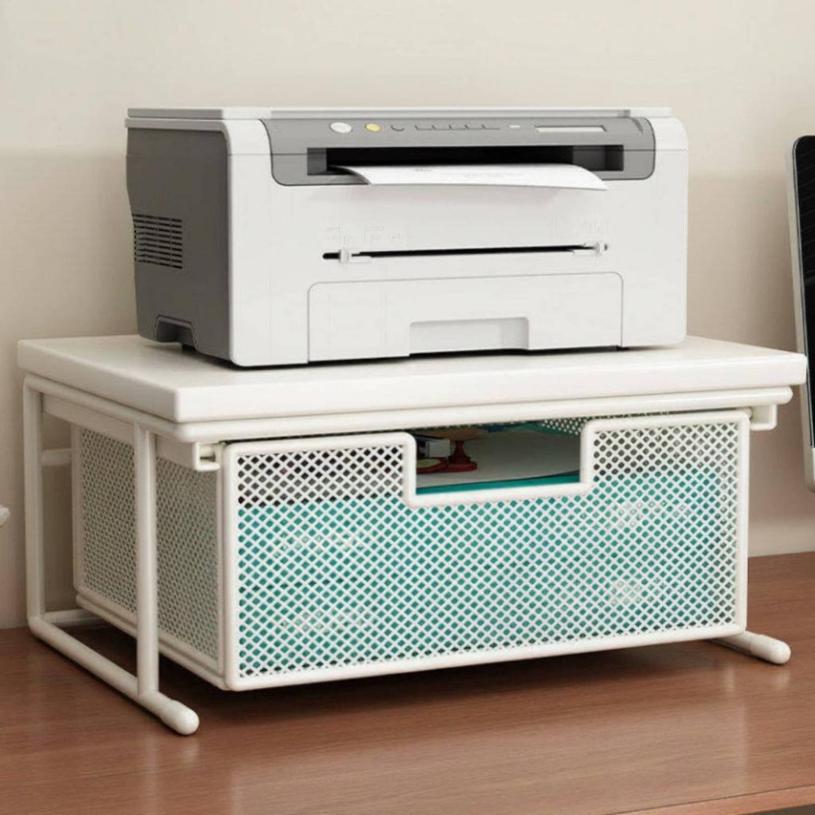 Printer Stand - แท่นวางเครื่องพิมพ์พร้อมลิ้นชัก ประหยัดพื้นที่ แท่นวางเครื่องพิมพ์แบบตั้งโต๊ะ ชั้นวางของบนโต๊ะทำงาน วัสดุไม้ โครงเหล็ก