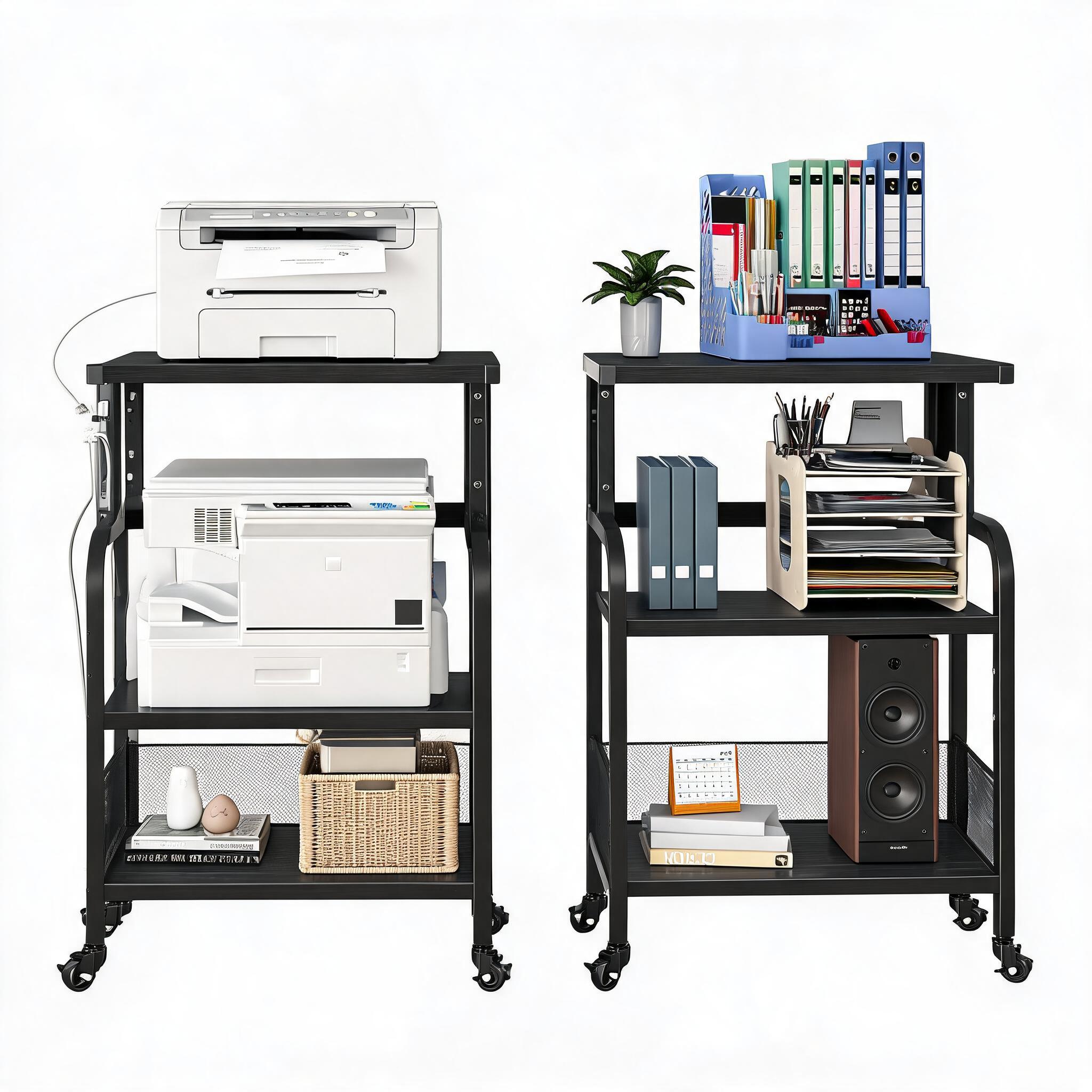 Printer Stand - ชั้นวางเครื่องพิมพ์แบบเคลื่อนที่ 3 ชั้น พร้อมช่องเสียบปลั๊กไฟและพอร์ตชาร์จ USB -