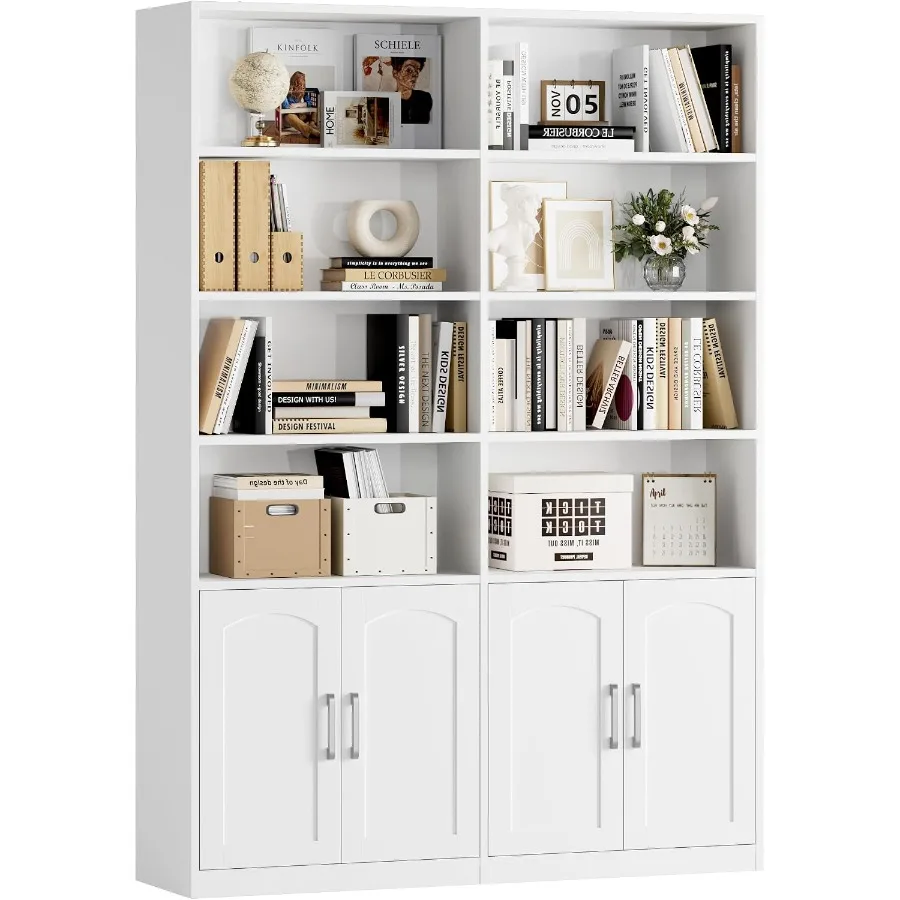 Bookshelf - ชั้นวางหนังสือและตู้หนังสือแบบมีประตู สำหรับห้องนั่งเล่น ทำจากไม้สังเคราะห์ สีขาว ชั้นวางปรับระดับได้ และมีการออกแบบที่ป้องกันฝุ่น