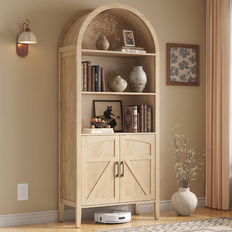 Bookshelf - 71 ชั้นวางหนังสือแบบโค้งสำหรับห้องนั่งเล่น ทำจากไม้สังเคราะห์ สีขาว ดีไซน์โค้งประหยัดพื้นที่ พร้อมชั้นวางปรับระดับได้และตู้เก็บของ