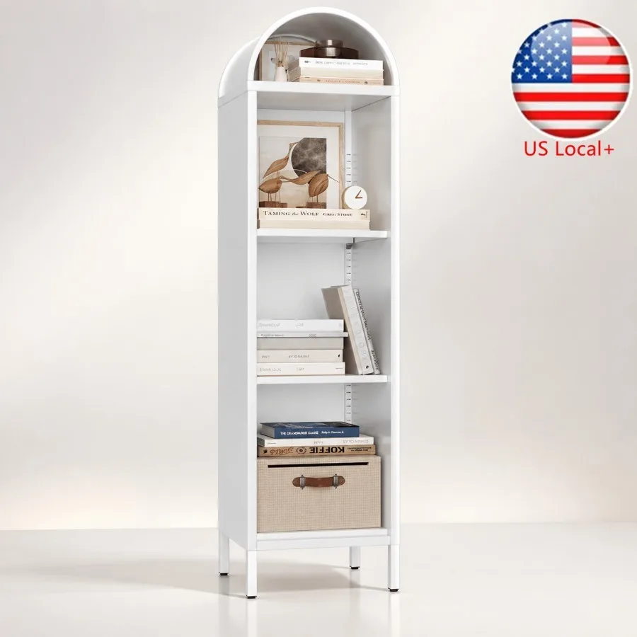 Bookshelf - ชั้นวางหนังสือโลหะทรงโค้ง 63 นิ้ว สำหรับห้องนั่งเล่น ทำจากเหล็กเคลือบสีขาว ประหยัดพื้นที่