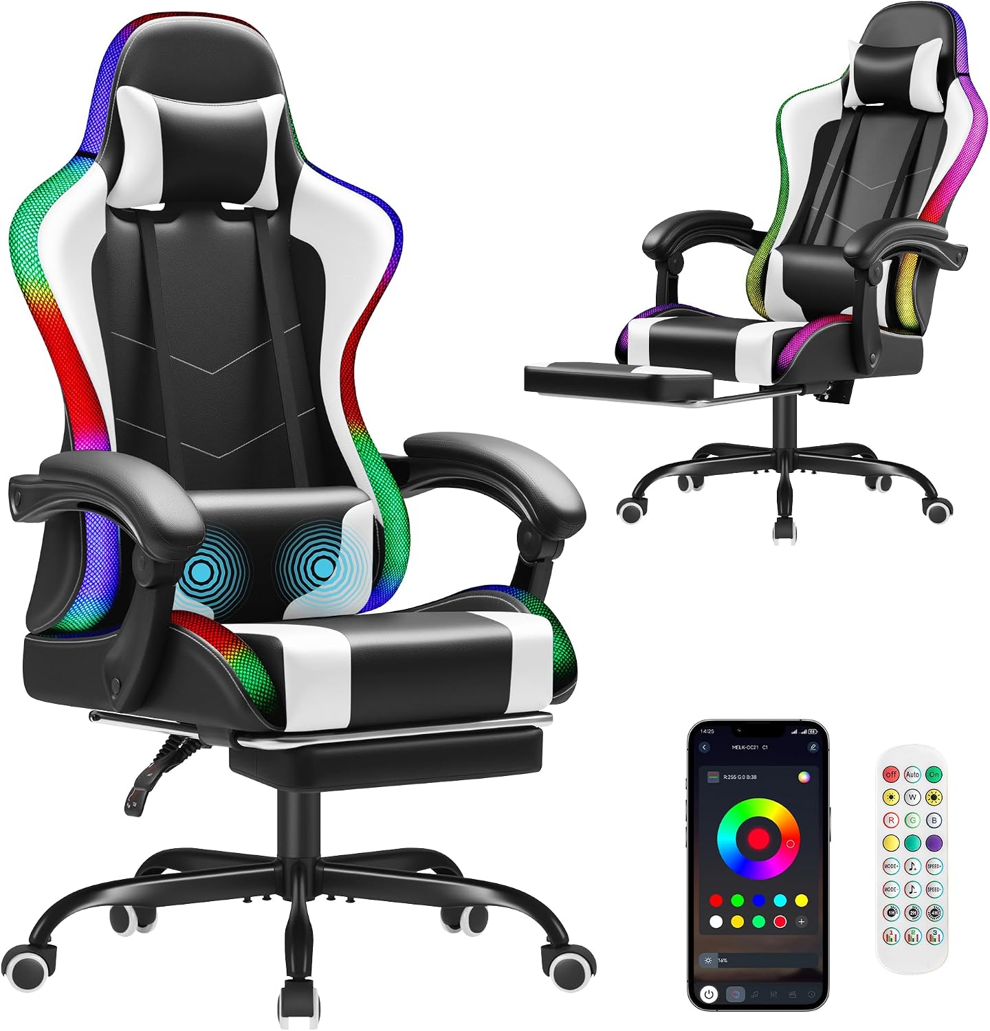Office Chair - เก้าอี้เกมมิ่ง Homall, เก้าอี้คอมพิวเตอร์ตามหลักสรีรศาสตร์, รองรับการนวดบริเวณหลังส่วนล่าง, ไฟ RGB